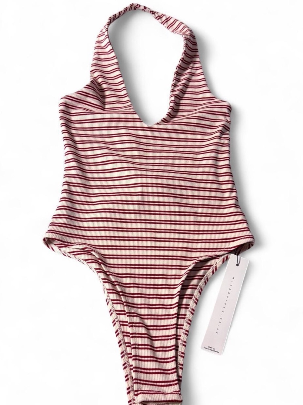 Missguided + Ribbed Halter Bodysuit in Burgundy & White Stripes
